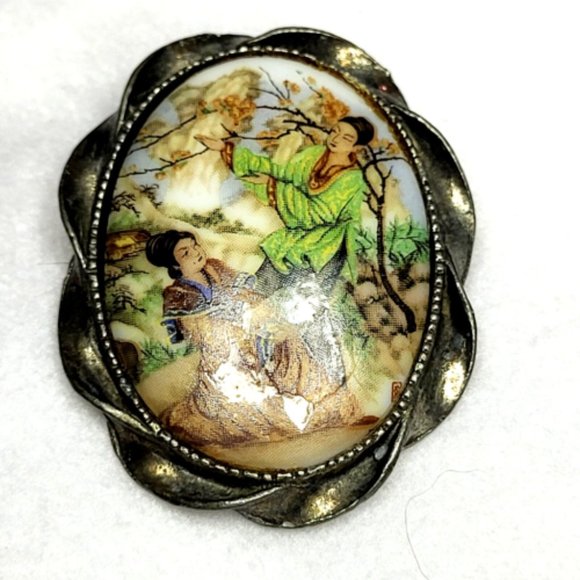 Silver Tone Asian Cherry Tree Metal Twisted Rope  Edge Pin Brooch 2" Tall ...403 - Picture 1 of 7